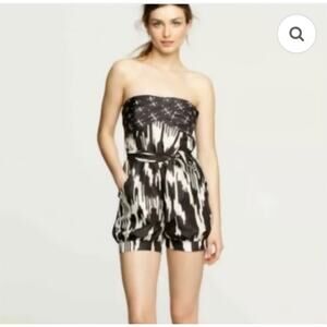 J.Crew Silk Strapless Romper Black White Ikat Print Sz 0 Vacation Resort luxury